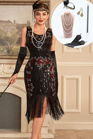 Nero senza maniche Sparkly Fringes Flapper Dress con accessori Set